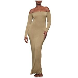 NWT SKIMS Smooth Lounge Off the Shoulder Long Sleeve Maxi Dress in Khaki Size M